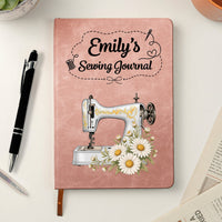 Personalized Sewing Machine Leather Journal – Custom Birth Flower & Name Sewing Notes Notebook Gift for Quilters & Crafters