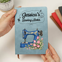 Personalized Sewing Machine Leather Journal – Custom Birth Flower & Name Sewing Notes Notebook Gift for Quilters & Crafters