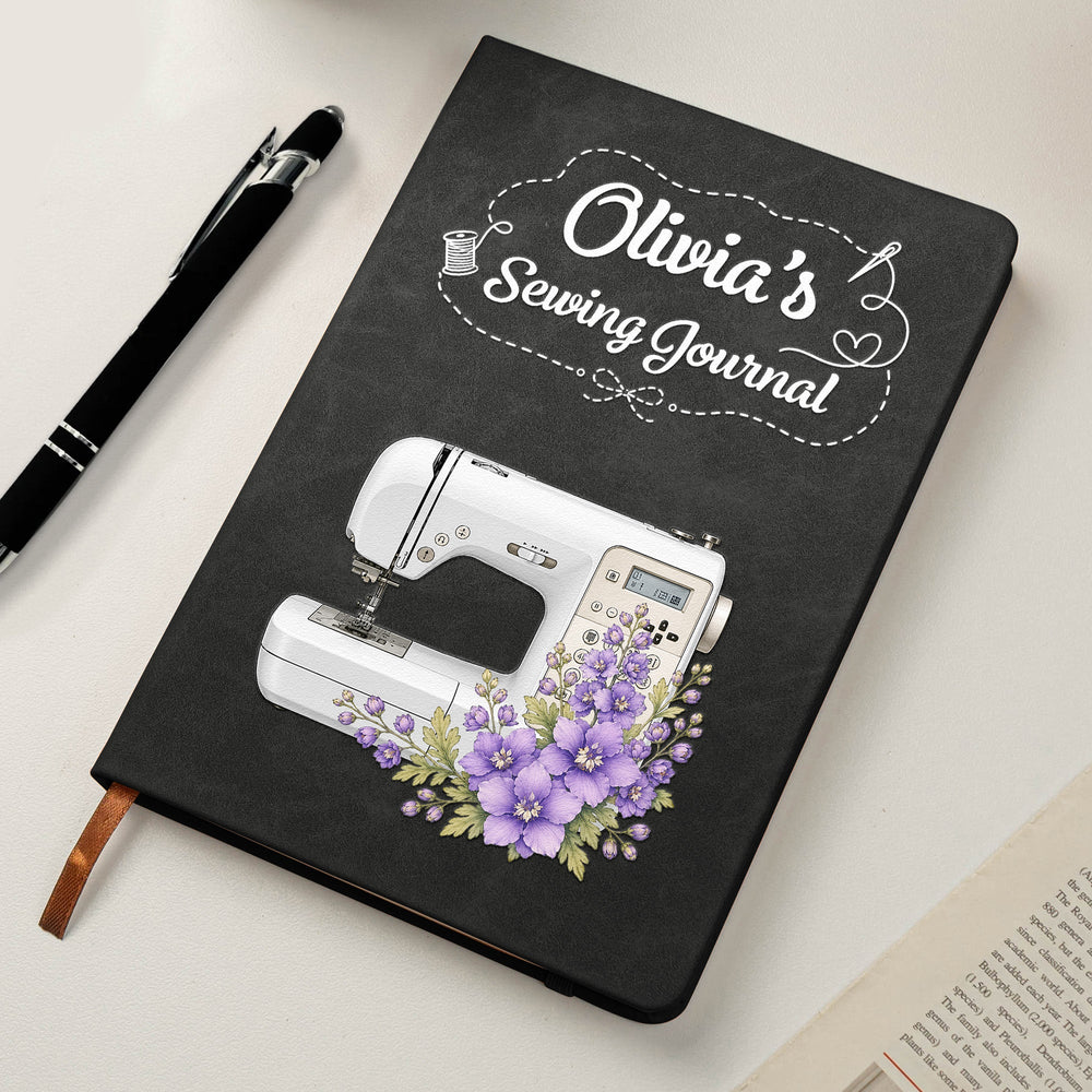 Personalized Sewing Machine Leather Journal – Custom Birth Flower & Name Sewing Notes Notebook Gift for Quilters & Crafters