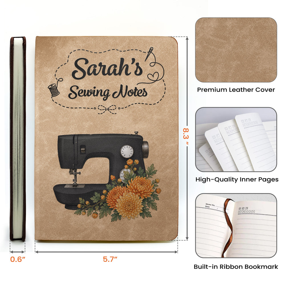 Personalized Sewing Machine Leather Journal – Custom Birth Flower & Name Sewing Notes Notebook Gift for Quilters & Crafters