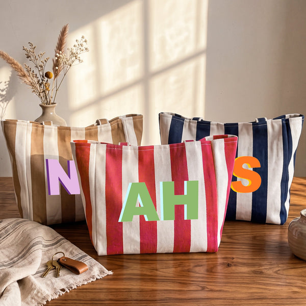 Shadow Custom Initials – Personalized Striped Canvas Tote Bag