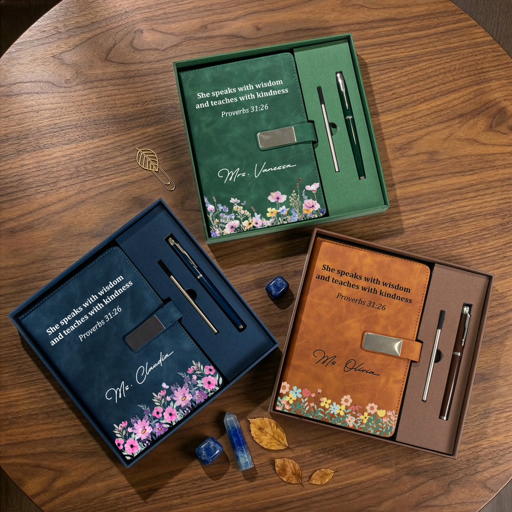 She Speaks With Wisdom And Teaches With Kindness, Proverbs 31:26 - Personalized Notebook Set