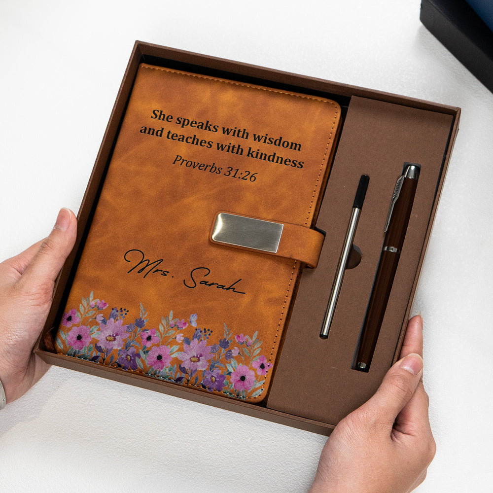 She Speaks With Wisdom And Teaches With Kindness, Proverbs 31:26 - Personalized Notebook Set