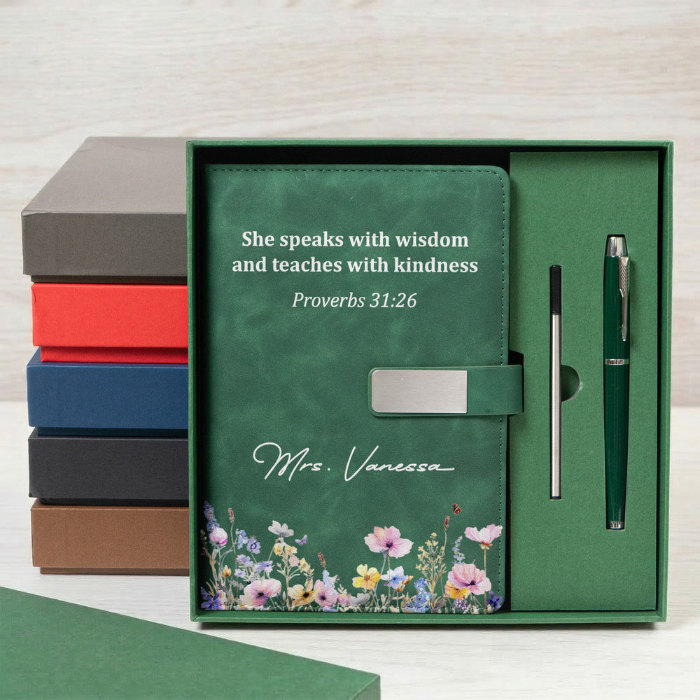 She Speaks With Wisdom And Teaches With Kindness, Proverbs 31:26 - Personalized Notebook Set