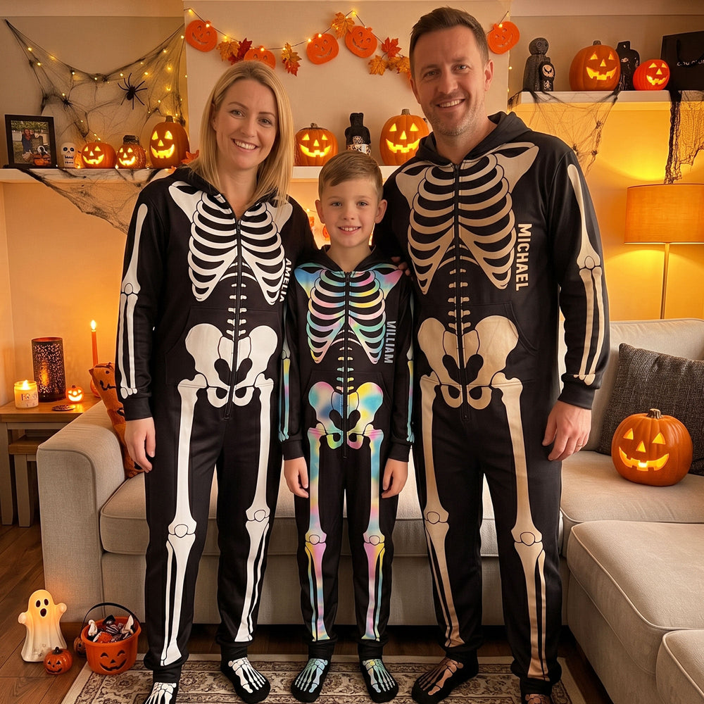 Personalized Skeleton Family Matching Pajamas - Custom Funny Halloween Onesie Jumpsuit