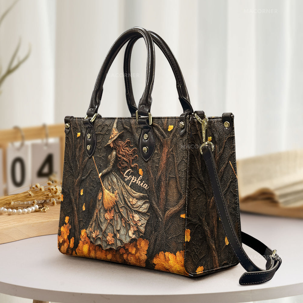 Personalized Witch Art Leather Bag, Spooky Season Gift For Her