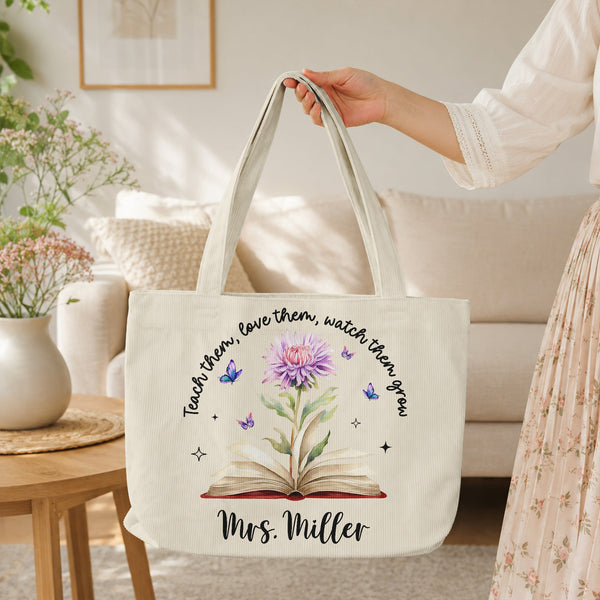 Teach Them, Love Them, Watch Them Grow Birth Month Flower - Personalized Tote Bag