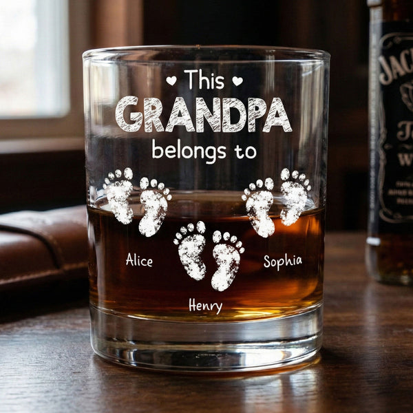This Grandpa Belongs To - Cute Footprints - Personalized Whiskey Glass