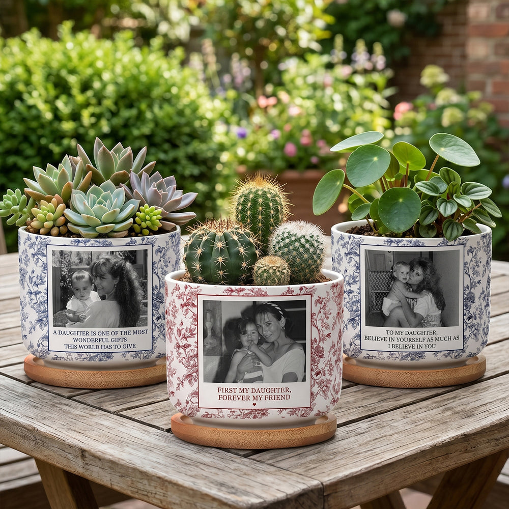 To My Daughter Toile De Jouy Custom Photo Mom & Daughter, Dad & Daughter - Personalized Plant Pot