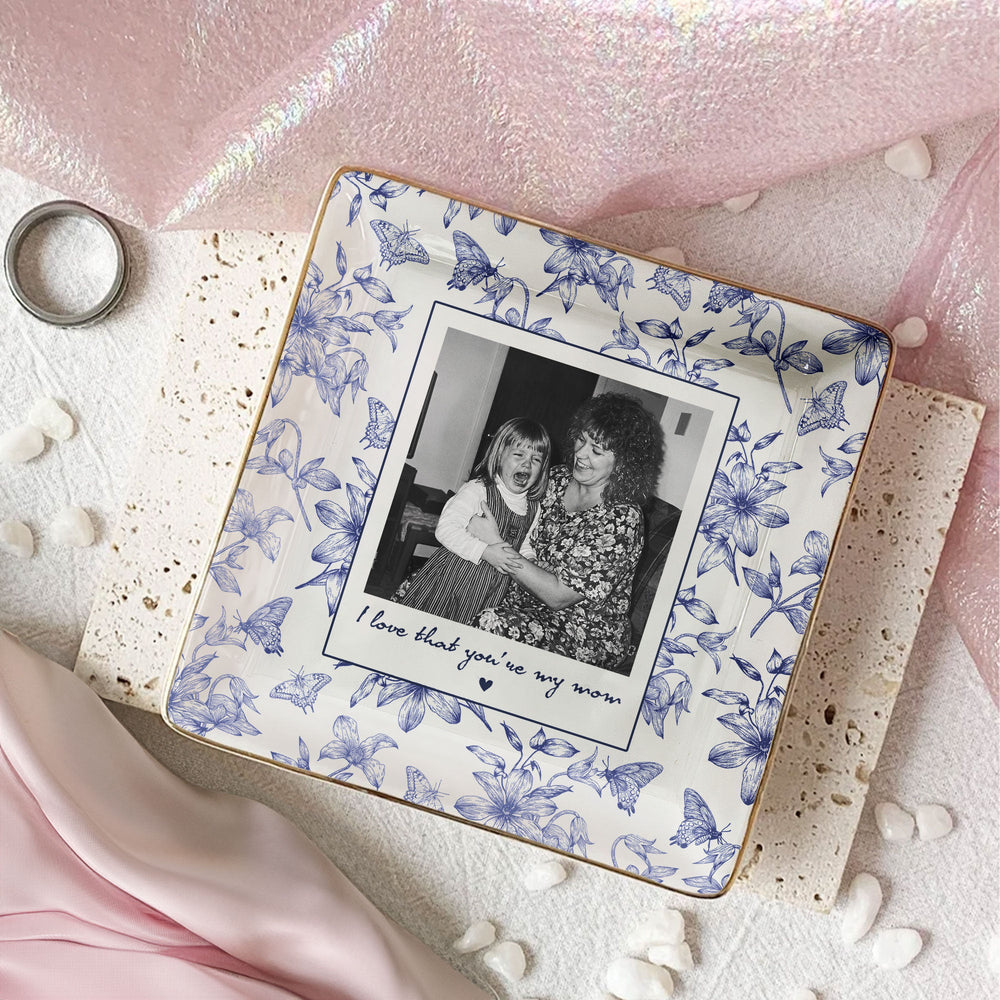 Toile De Jouy Photo Trinket Tray Mother's Day Gift For Mum, Mom, Nana - Personalized Jewelry Dish
