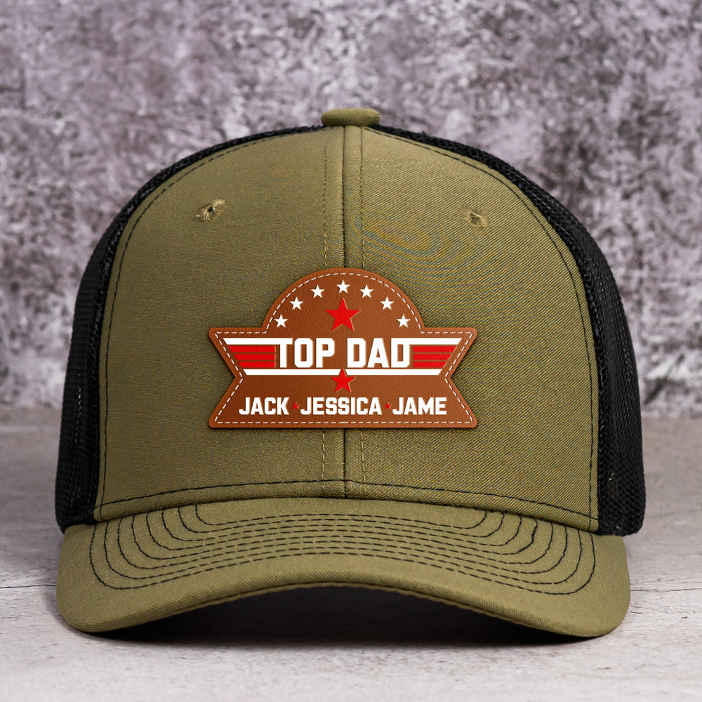Father's Day Gifts, Top Dad, Grandpa, Papa - With Kids' Names - Personalized Leather Patch Hat