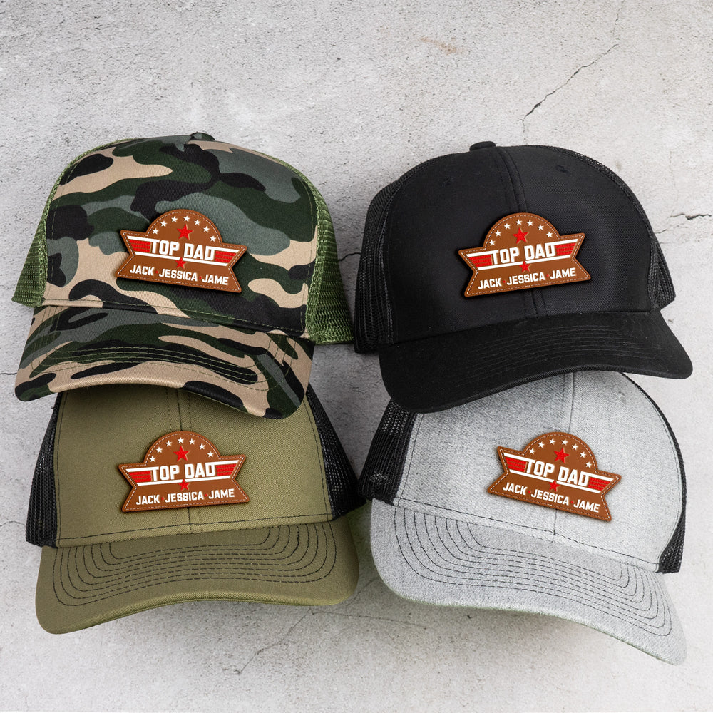 Father's Day Gifts, Top Dad, Grandpa, Papa - With Kids' Names - Personalized Leather Patch Hat