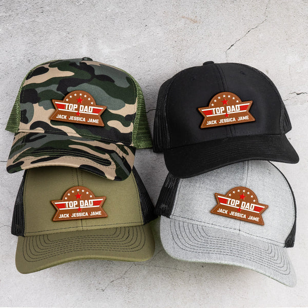 Father's Day Gifts, Top Dad, Grandpa, Papa - With Kids' Names - Personalized Leather Patch Hat