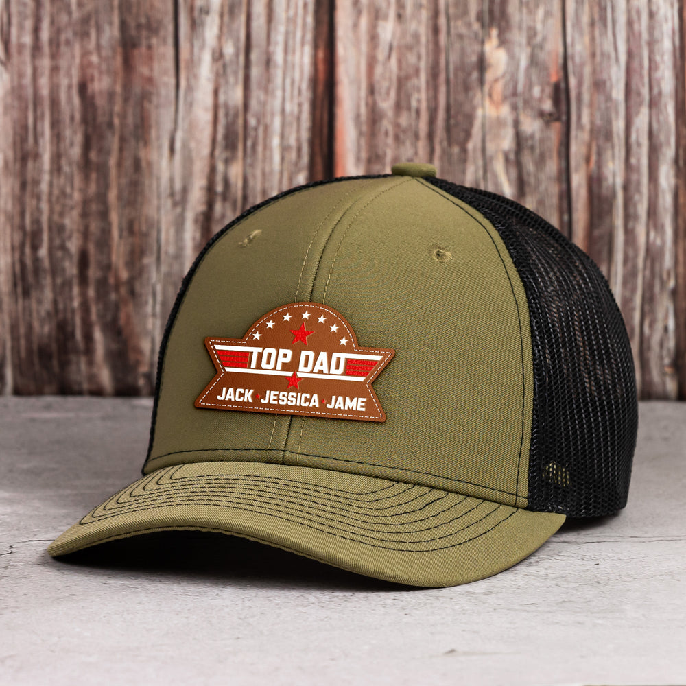 Father's Day Gifts, Top Dad, Grandpa, Papa - With Kids' Names - Personalized Leather Patch Hat