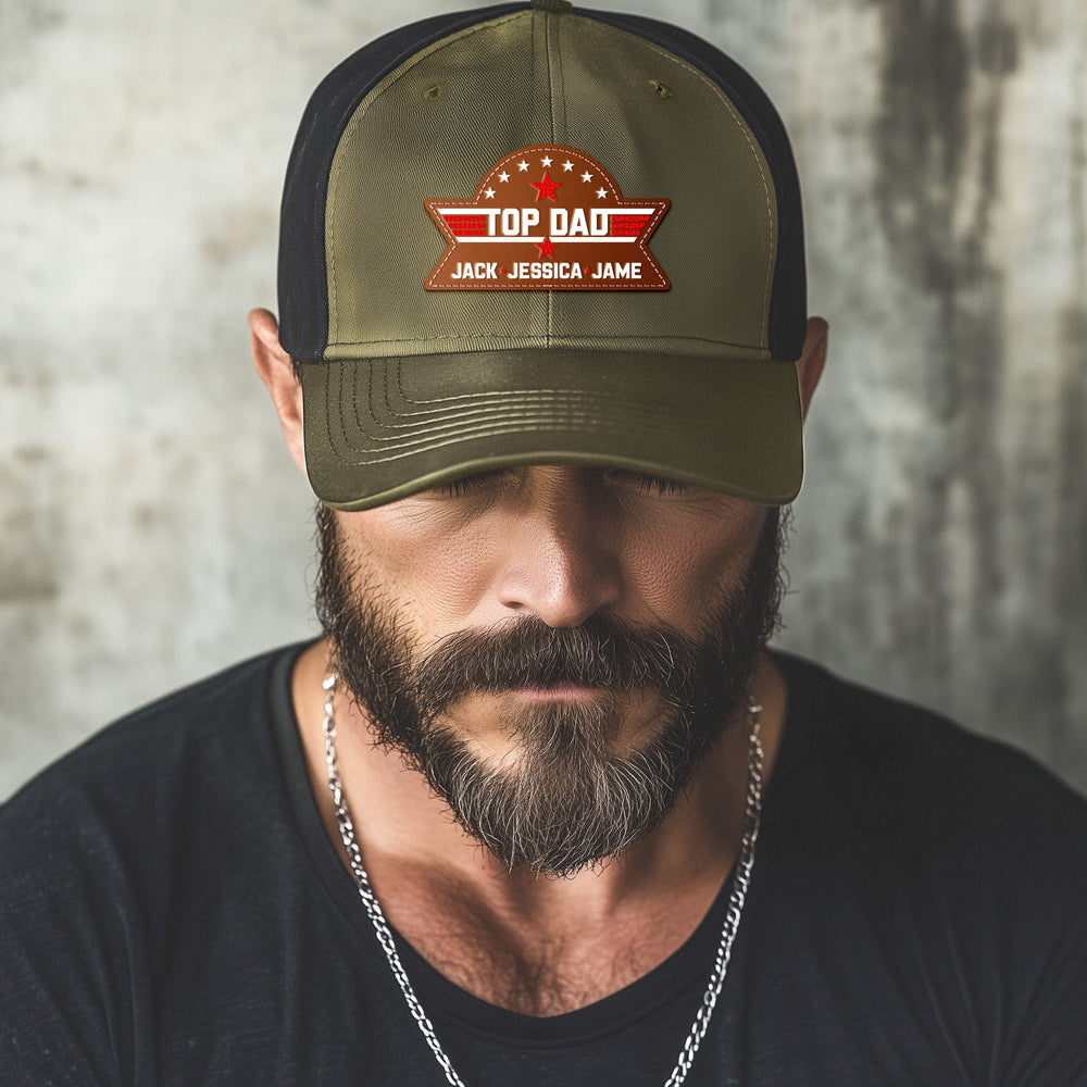 Father's Day Gifts, Top Dad, Grandpa, Papa - With Kids' Names - Personalized Leather Patch Hat