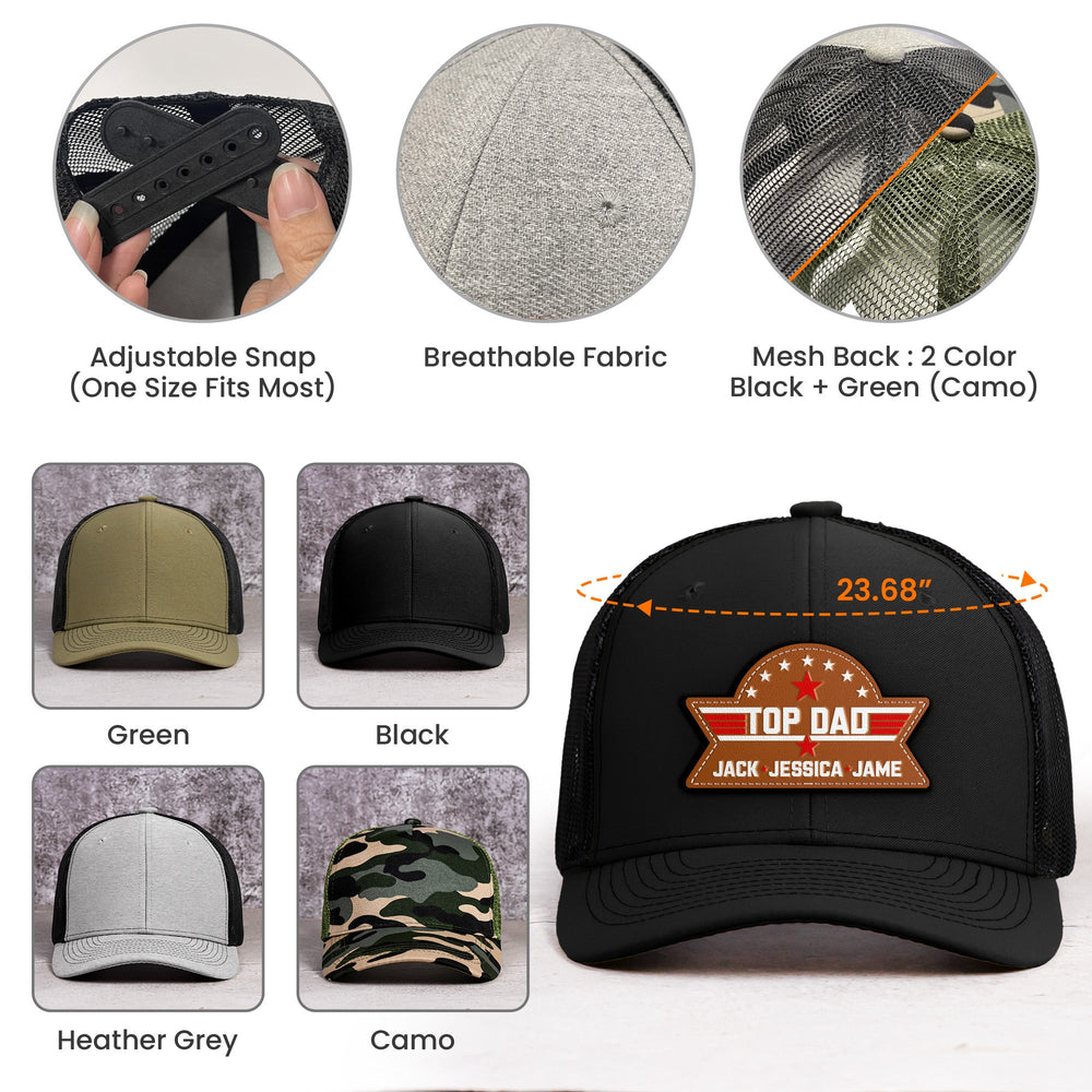 Father's Day Gifts, Top Dad, Grandpa, Papa - With Kids' Names - Personalized Leather Patch Hat