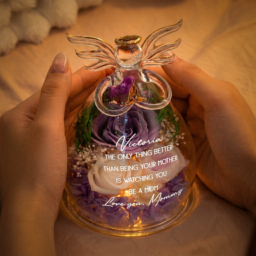Watching You Be A Mom Gift For Daughter From Mom - Personalized Flower In Glass Angel Figurines