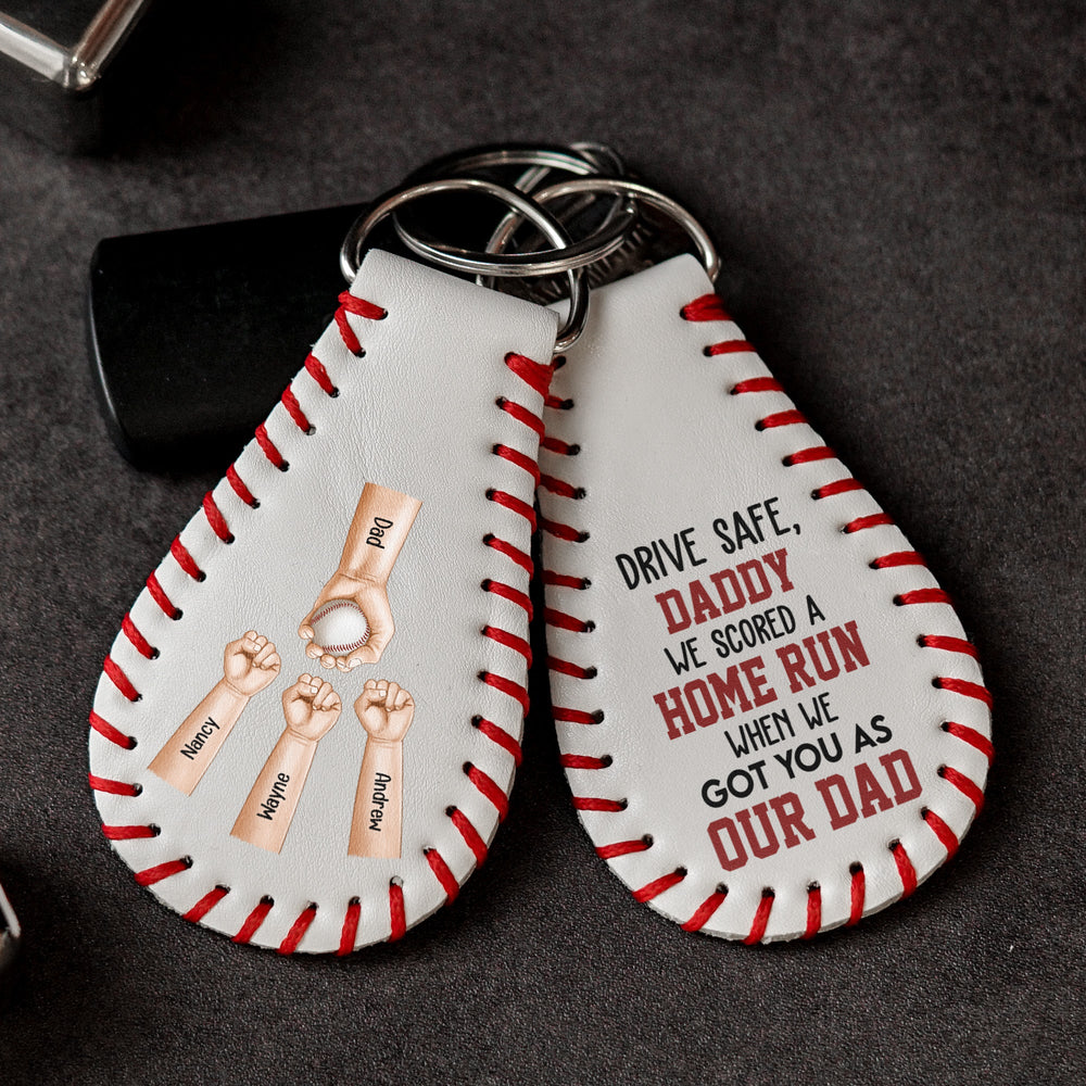 We Scored A Home Run When We Got You As Our Dad - Personalized Leather Baseball Keychain