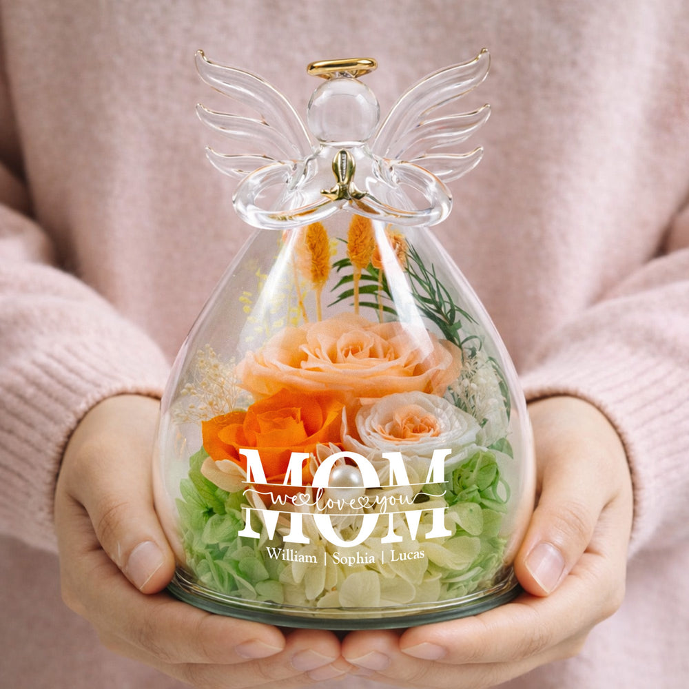 We Love You Mom! - Personalized Flower In Glass Angel Figurines