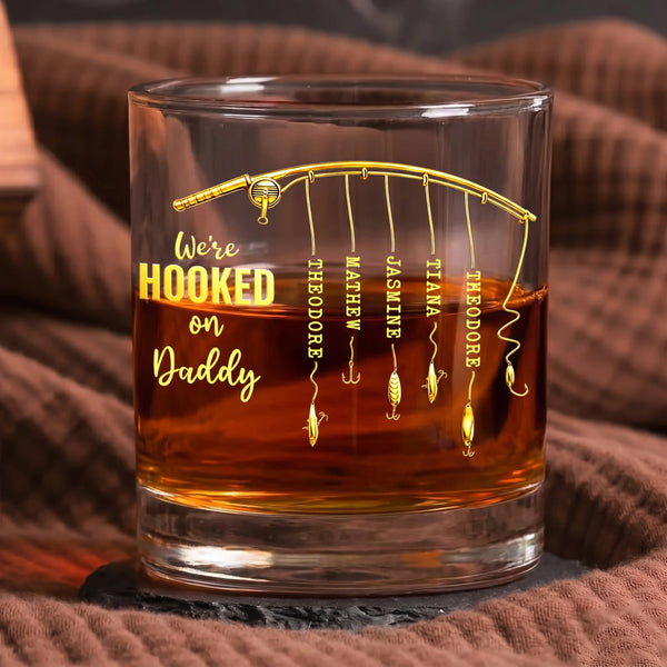 We're Hooked On Daddy Custom Kids' Names - Personalized Whiskey Glass