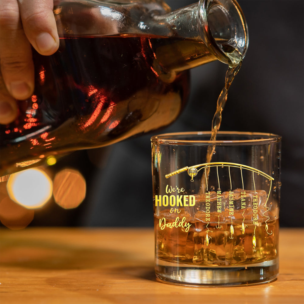 We're Hooked On Daddy Custom Kids' Names - Personalized Whiskey Glass