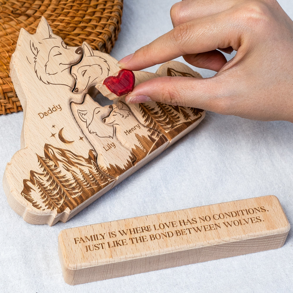 Father's Day Gifts, Wooden Wolf Family With Names - Personalized Wooden Wolf Family Puzzle