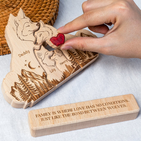 Father's Day Gifts, Wooden Wolf Family With Names - Personalized Wooden Wolf Family Puzzle