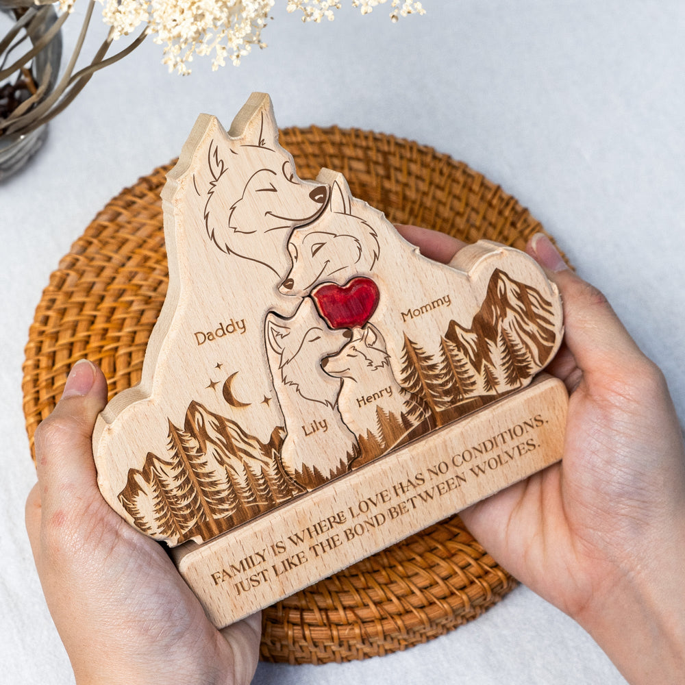 Father's Day Gifts, Wooden Wolf Family With Names - Personalized Wooden Wolf Family Puzzle