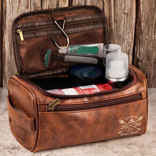 You Did It - Graduation Gift For Him - Personalized Leather Toiletry Bag