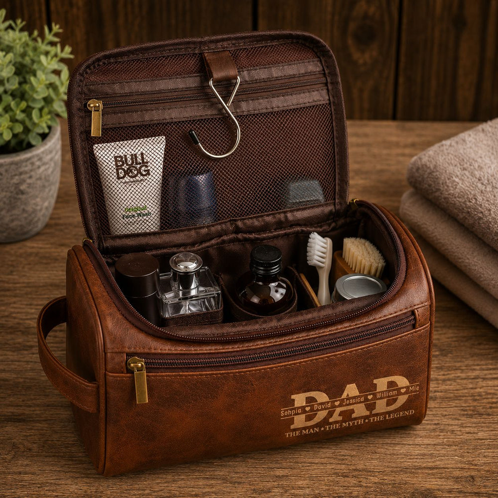The Man The Myth The Legend Custom Dad Grandpa - Personalized Leather Toiletry Bag