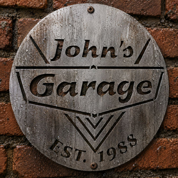 Custom Name & Year Garage Man Cave Steel Workshop Sign For Him - Personalized Metal Sign | Rustic Workshop Decor Gift
