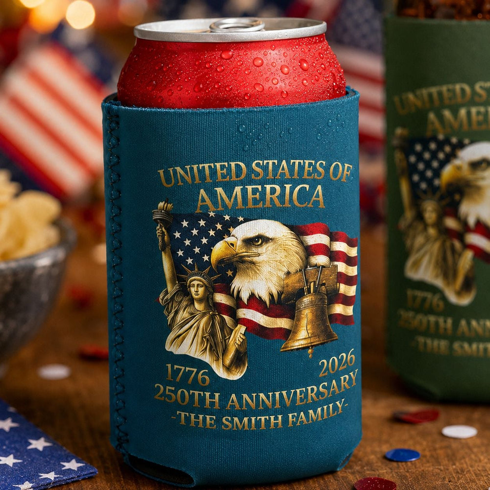 4th Of July USA 250th Anniversary - Personalized Can Cooler | Patriotic Party Gift