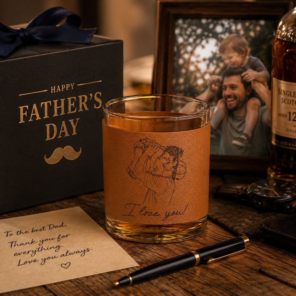 Custom Photo Sketch Line Art Father's Day - Personalized Whiskey Glass