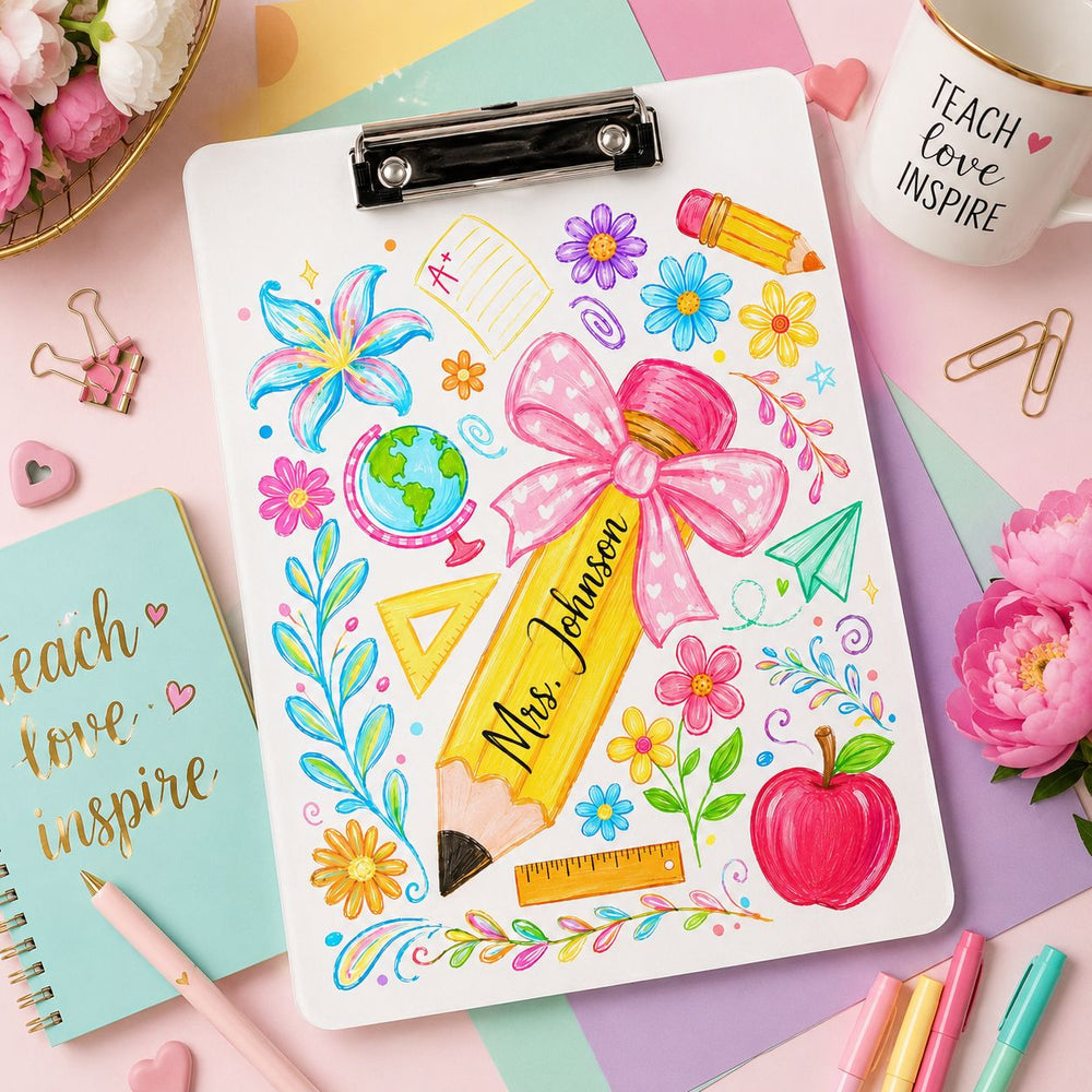 Boho Floral Pencil - Personalized Clipboard | Cute Teacher Desk Accessory Gift