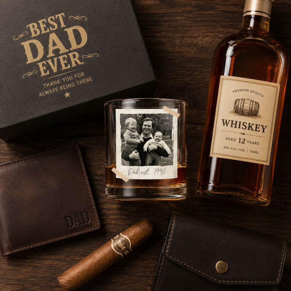 Father's Day Gifts, Custom Vintage Retro Polaroid Photo For Him - Personalized Photo Whiskey Glass | Custom Dad Bar Gift