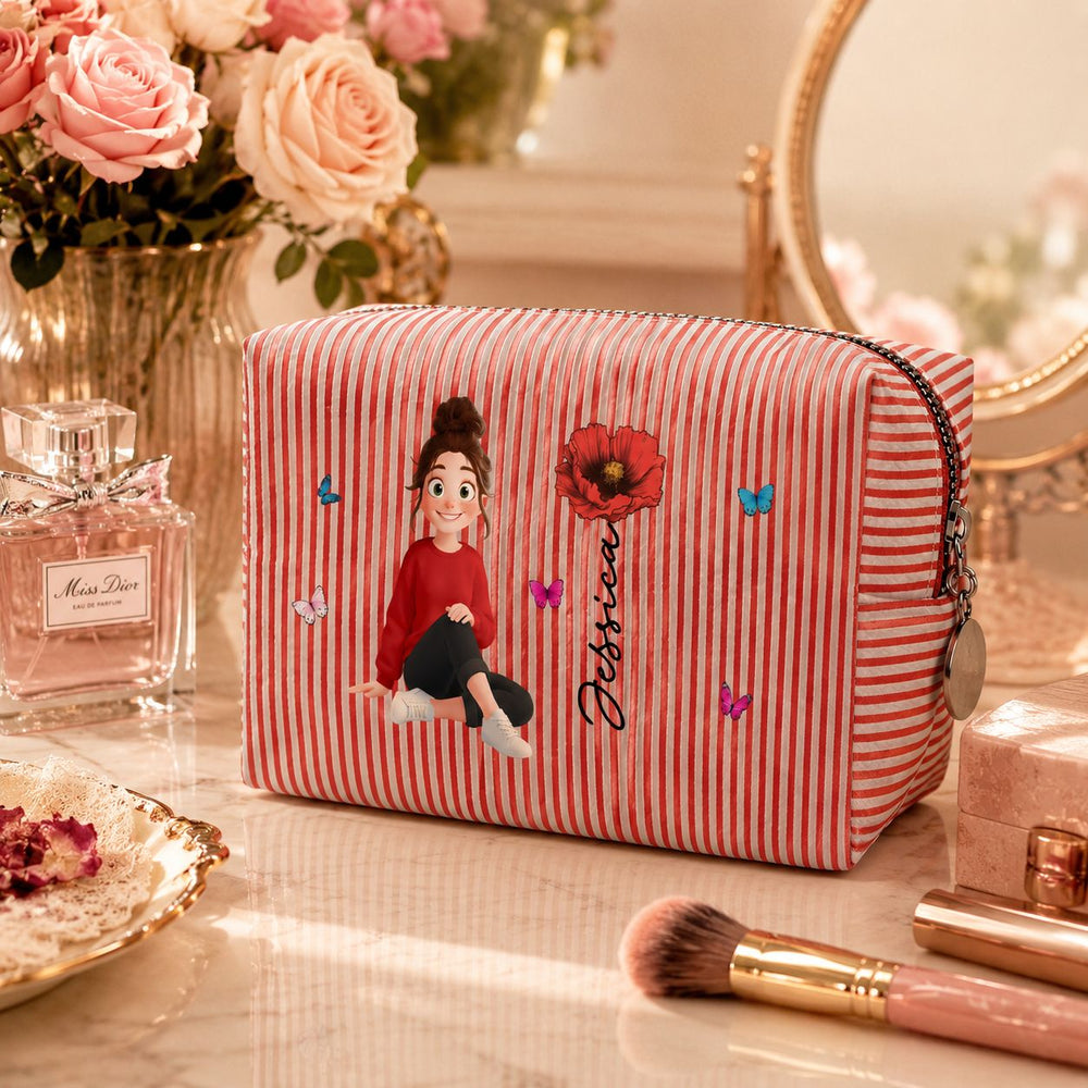 Custom Birth Flower, Name & Cute Character For Her - Personalized Makeup Bag | Cute Floral Gift