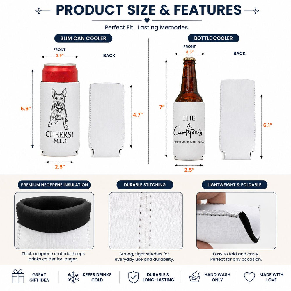 Wedding Can Cooler Favor Custom Pet Photo Sketch Line Art - Personalized Can Cooler | Custom Pet Wedding Favor