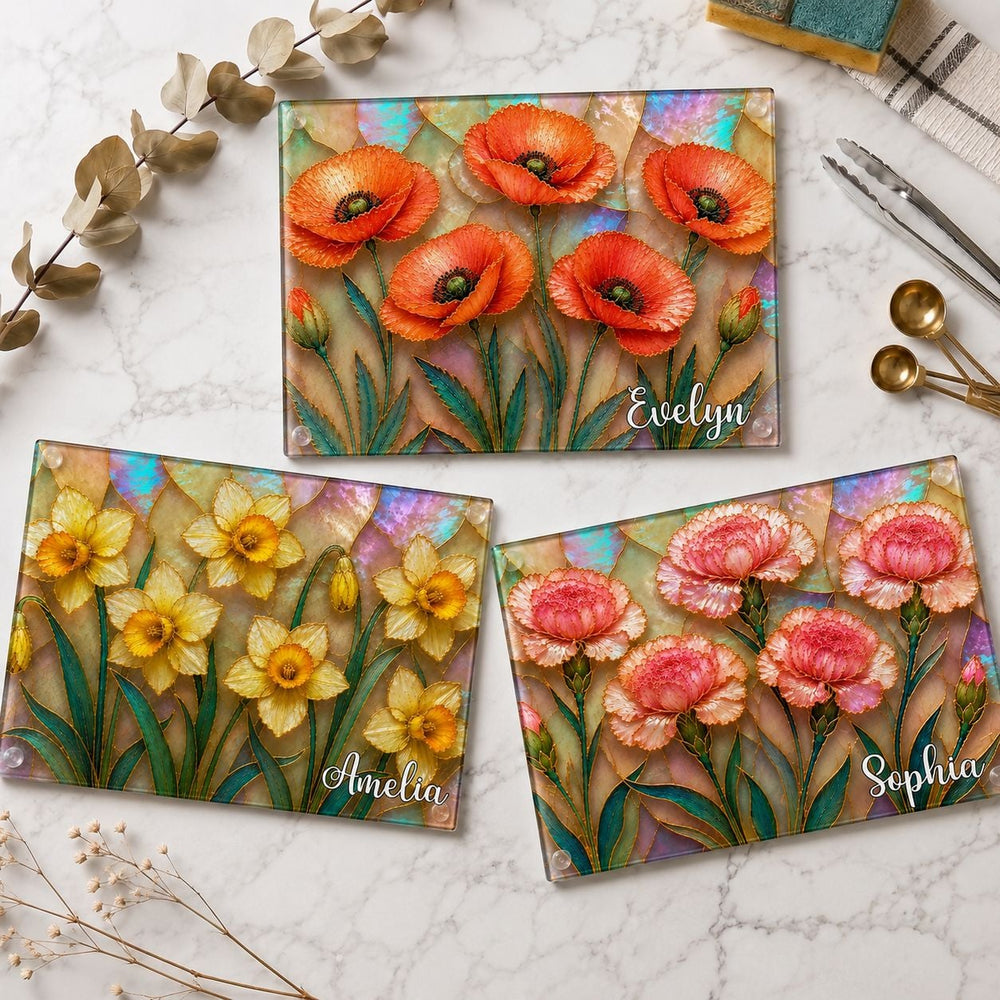 Birth Flower Mother-Of-Pearl Kitchen Decor - Personalized Cutting Board | Elegant Floral Kitchen Gift