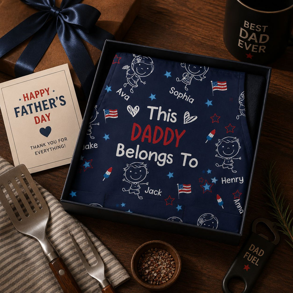 This Daddy Belongs To Independence Doodle Style - Personalized Apron | Fun BBQ Dad Gift