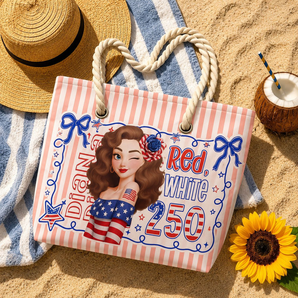 Red, White & 250 Patriotic Coquette Bow - Personalized Beach Bag | Custom USA Independence Day Tote Bag