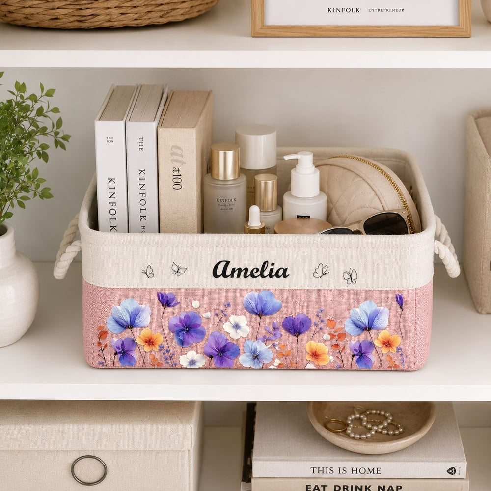 Custom Birth Flower & Name - Storage Basket | Floral Home Decor Gift