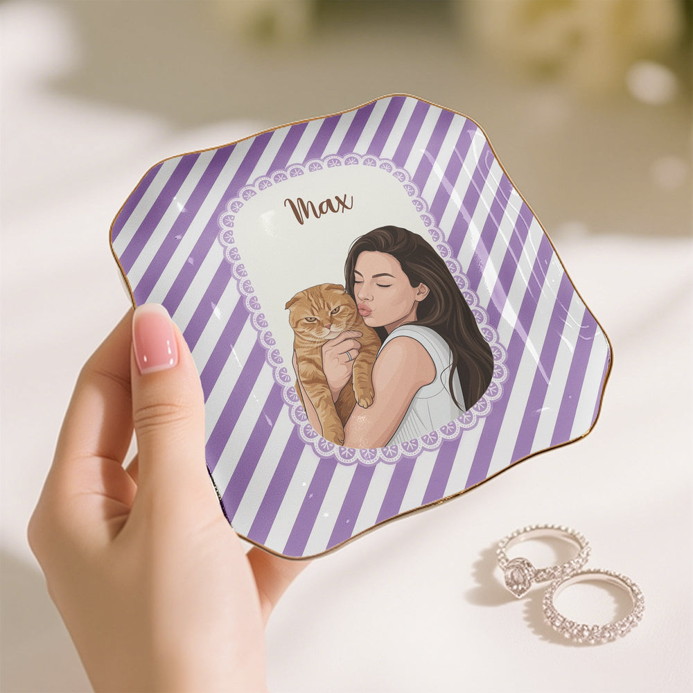Personalized Cartoon Pet Photo Jewelry Dish – Custom Vintage Dog & Cat Mom Ceramic Ring Tray