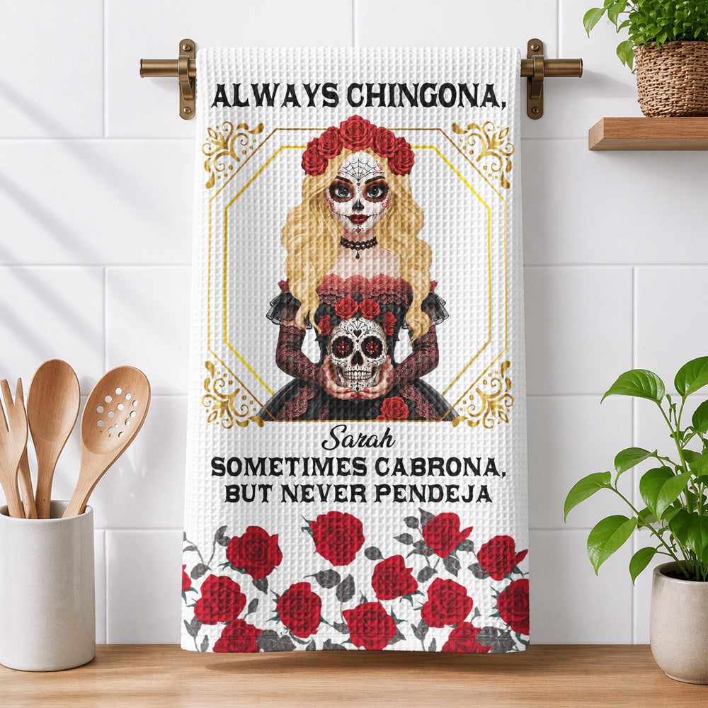 Personalized Chingona Como Mi Madre Kitchen Towel – Custom Name Latina Sugar Skull Tea Towel Gift for Mom