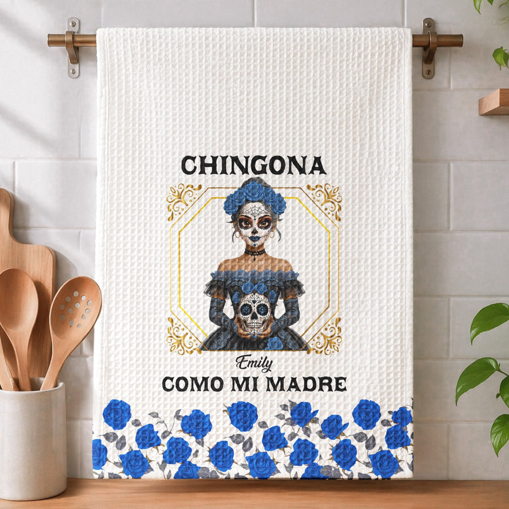Personalized Chingona Como Mi Madre Kitchen Towel – Custom Name Latina Sugar Skull Tea Towel Gift for Mom