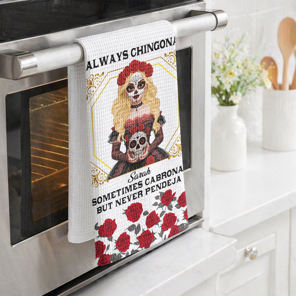 Personalized Chingona Como Mi Madre Kitchen Towel – Custom Name Latina Sugar Skull Tea Towel Gift for Mom