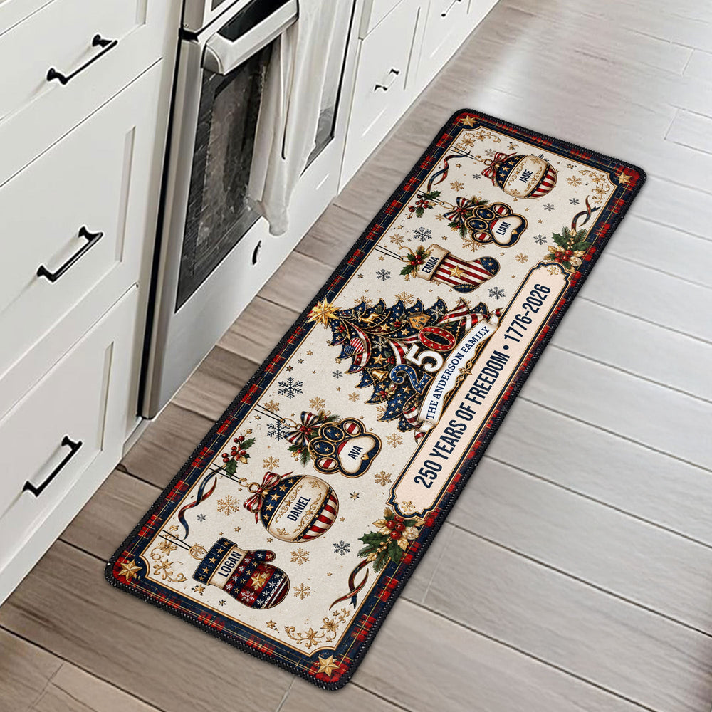 Personalized 250 Years of Freedom Christmas Runner Rug, Custom Family Name Non-Slip Holiday Floor Mat