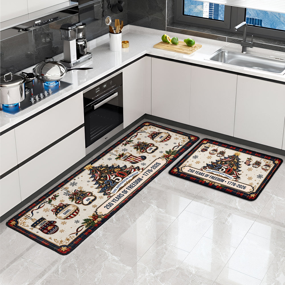 Personalized 250 Years of Freedom Christmas Runner Rug, Custom Family Name Non-Slip Holiday Floor Mat