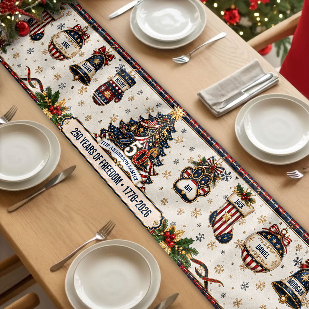 Personalized 250 Years of Freedom Table Runner, Custom Family Name Patriotic Christmas Dining Decor