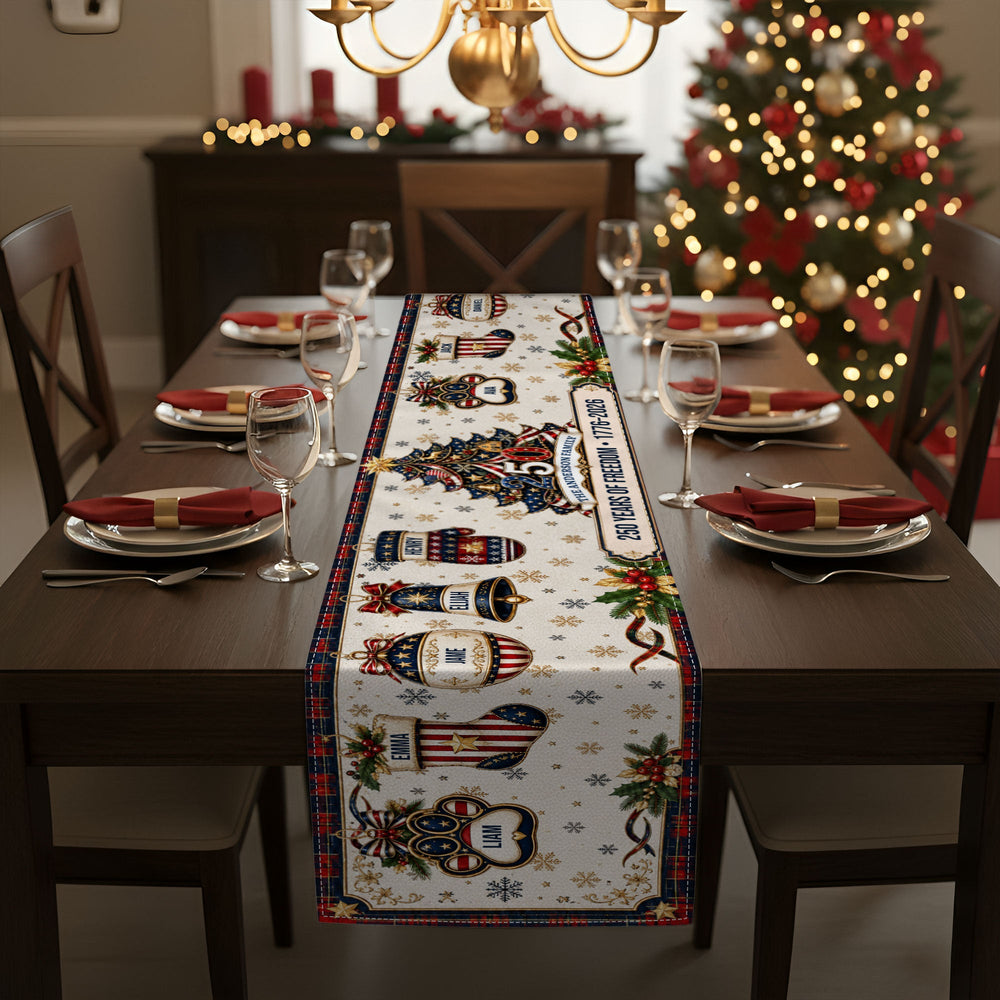 Personalized 250 Years of Freedom Table Runner, Custom Family Name Patriotic Christmas Dining Decor
