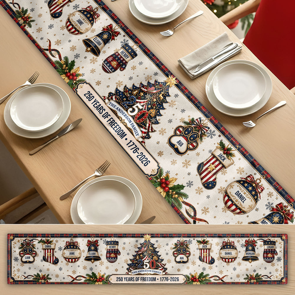 Personalized 250 Years of Freedom Table Runner, Custom Family Name Patriotic Christmas Dining Decor